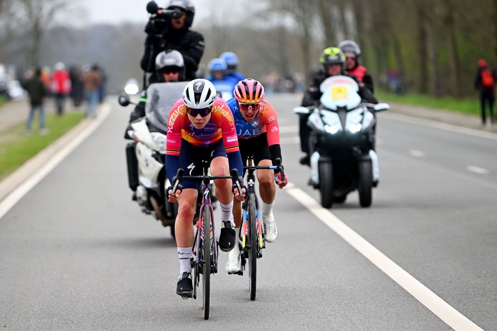 OUDENAARDE BELGIUM APRIL 02 LR Lotte Kopecky of Belgium and Team SD Worx and Silvia Persico of Italy and UAE Team ADQ compete in the breakaway competes during the 20th Ronde van Vlaanderen Tour des Flandres 2023 Womens Elite a 1566km one day race from Oudenaarde to Oudenaarde UCIWWT on April 02 2023 in Oudenaarde Belgium Photo by Luc ClaessenGetty Images
