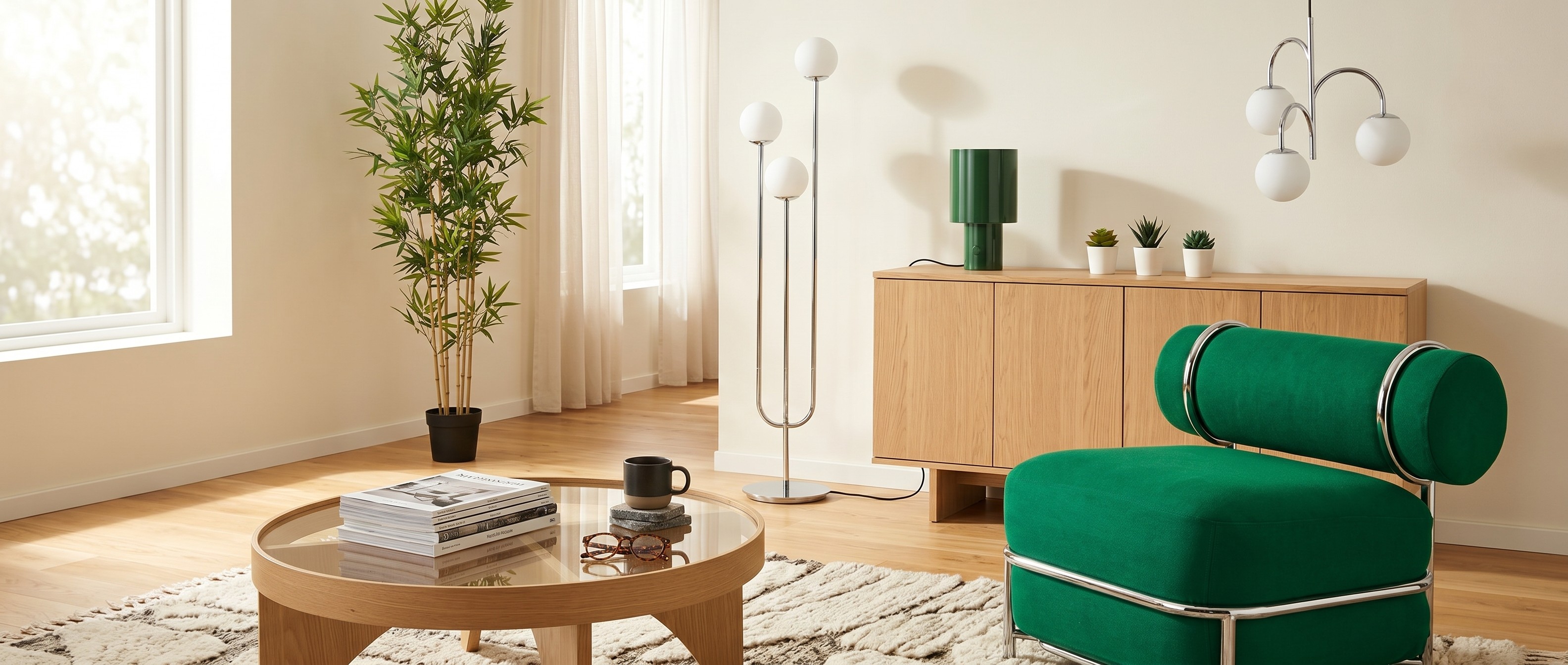 Living room with IKEA furnishings and accessories in shades of green, chrome, and oak finish