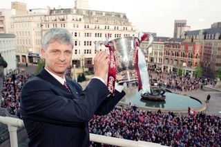 Brian Little holds up the League Cup trophy during celebrations in Birmingham to mark Aston Villa's win over Leeds United in the 1996 final.