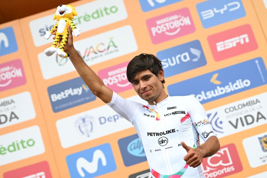 PAIPA COLOMBIA FEBRUARY 06 Nelson Andres Soto of Colombia and Team Petrolike celebrates at podium as Best White SUB23 Rider Jersey winner during the 4th Tour Colombia 2024 Stage 1 a 1686km stage from Paipa to Santa Rosa de Viterbo 2751m on February 06 2024 in Paipa Colombia Photo by Maximiliano BlancoGetty Images