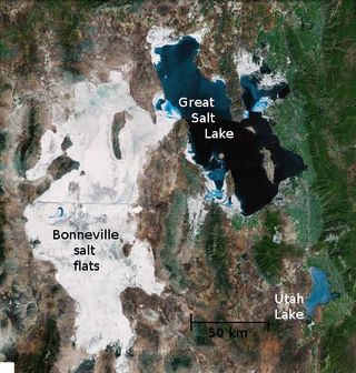 Google maps view of the Great Salt Lake, which are surrounded by a large evaporite deposit.