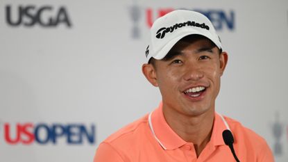 Collin Morikawa of the United States speaks to the media during a press conference prior to the 123rd U.S. Open