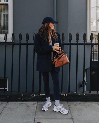 Basics to Wear With Leggings: @kimturkington_ wears leggings with trainers and a blazer