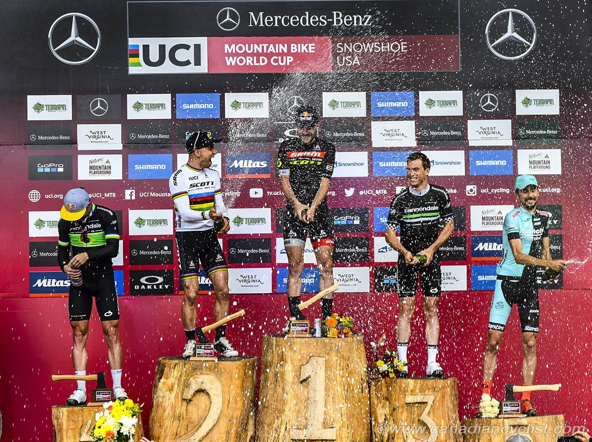 Podium: l to r- Henrique Avancini, Nino Schurter, Lars Forster, Maxime Marotte, Stephane Tempier
