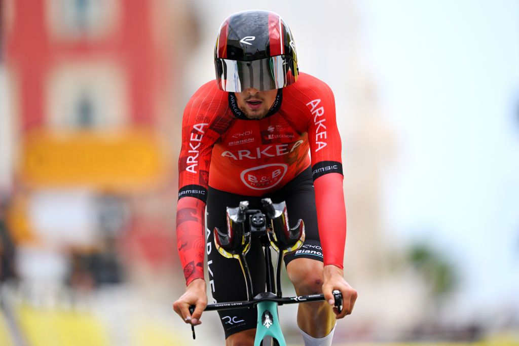 NICE FRANCE JULY 21 Kevin Vauquelin of France and Team Arkea BB Hotels crosses the finish line during the 111th Tour de France 2024 Stage 21 a 337km individual time trial from Monaco to Nice UCIWT on July 21 2024 in Nice France Photo by Tim de WaeleGetty Images