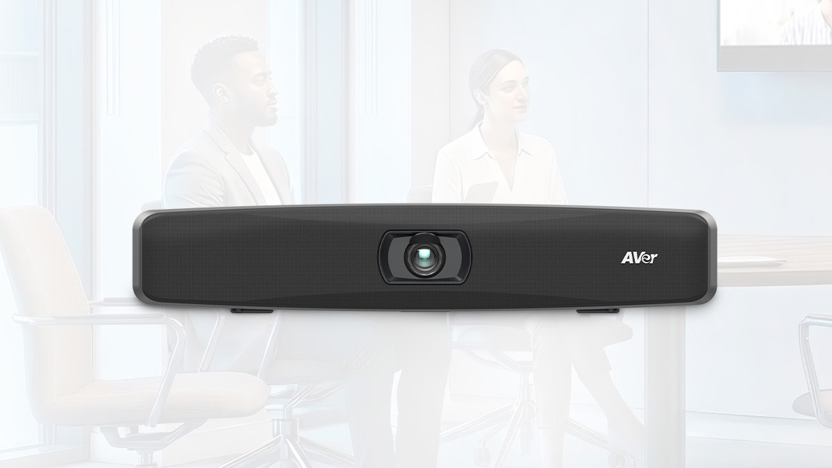 The new AVer VB150 videobar superimposed over a conference room.