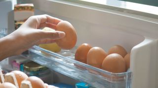 Eggs being added and stored in the fridge door