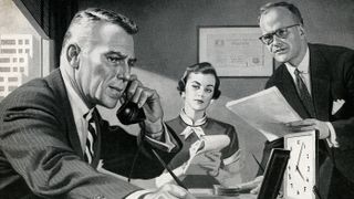 Graphic illustration of three office workers from the mid-20th century