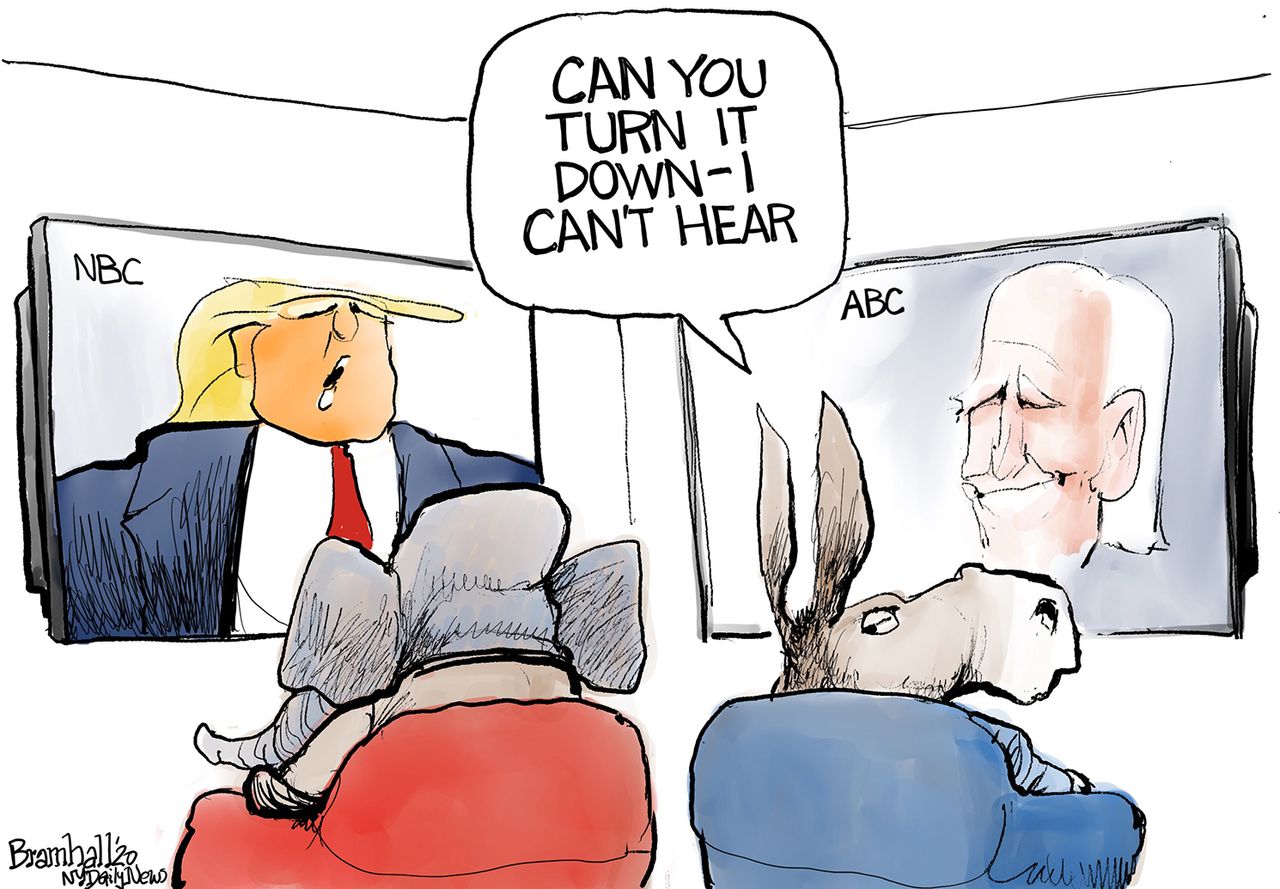 Political Cartoon U.S. Trump Biden town halls