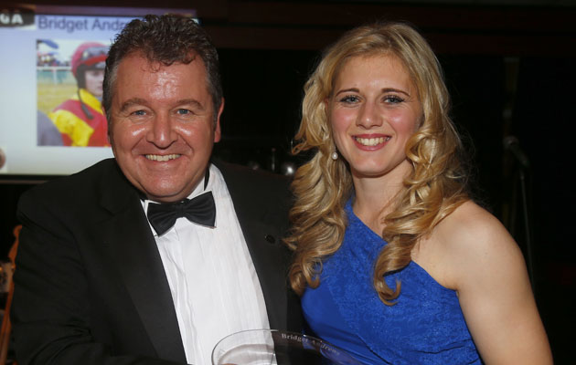 David Simpson presents Bridget Andrews with Champiom Lady Rider Point to Point Awards - Cheltenham 15.11.14 Pic Dan Abraham-racingfotos.com
