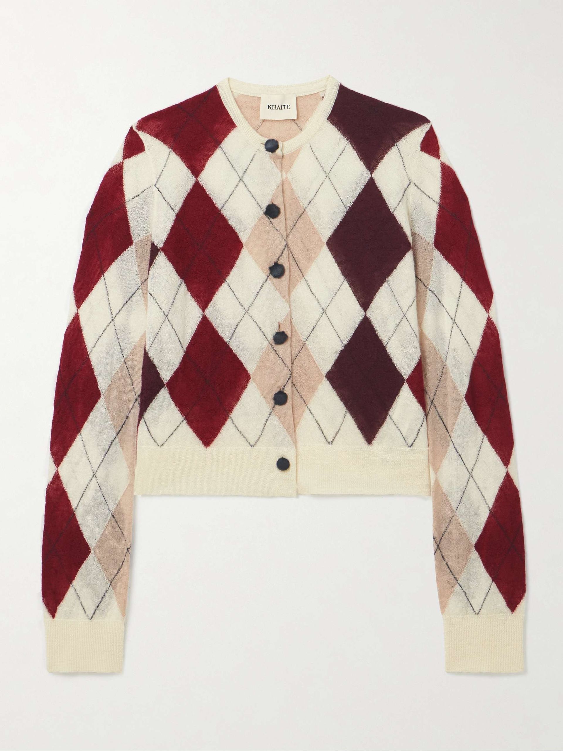 Charli Calf Hair-Trimmed Argyle Cashmere and Mohair-Blend Cardigan