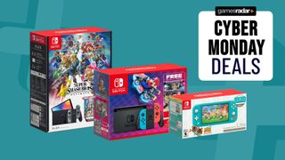 Nintendo Switch bundles on a blue background with Cyber Monday badge