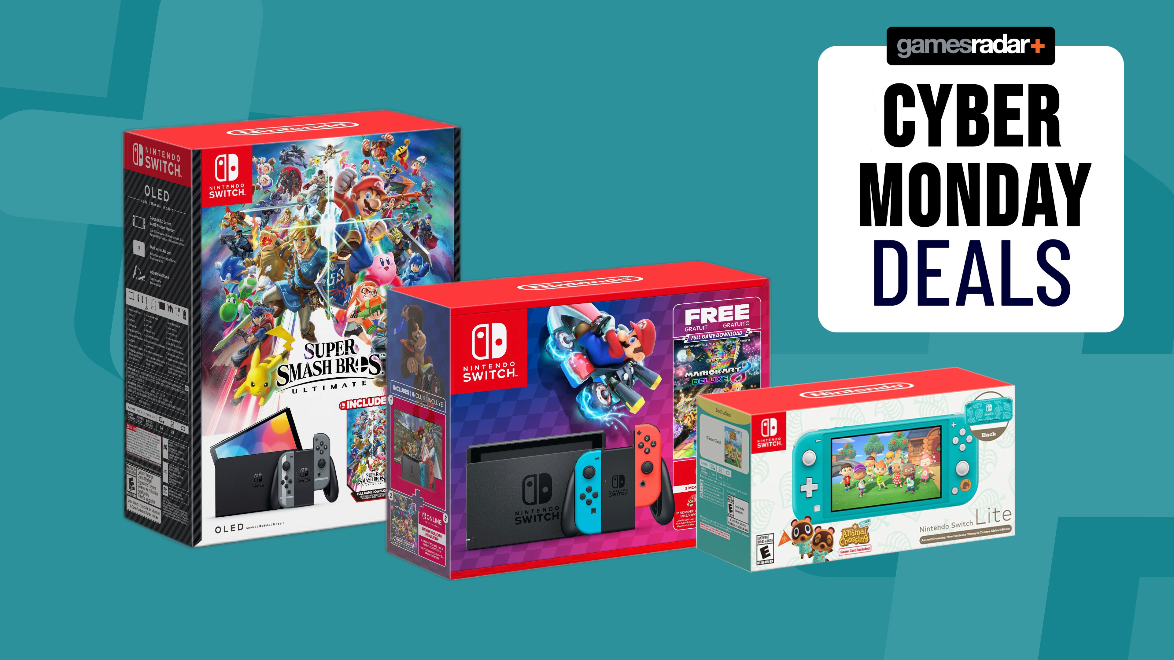 Nintendo Switch bundles on a blue background with Cyber Monday badge