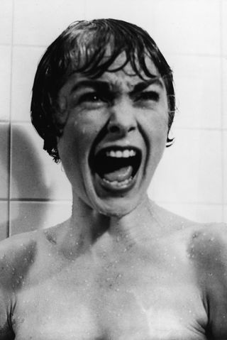 janet leigh screams in the shot in a black and white photo from Psycho (1960)