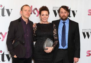 David Mitchell with Olivia Colman and Robert Webb at an awards bash in 2012