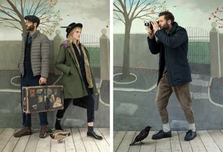 Left: Male and female models in winter wear holding small suitcases, illustrated winter scene, tree, wall, gates and road, wooden floor. Right: Camera man taking images, illustrated winter scene, tree, wall, gates and road, wooden floor with a blackbird sat at the mans feet