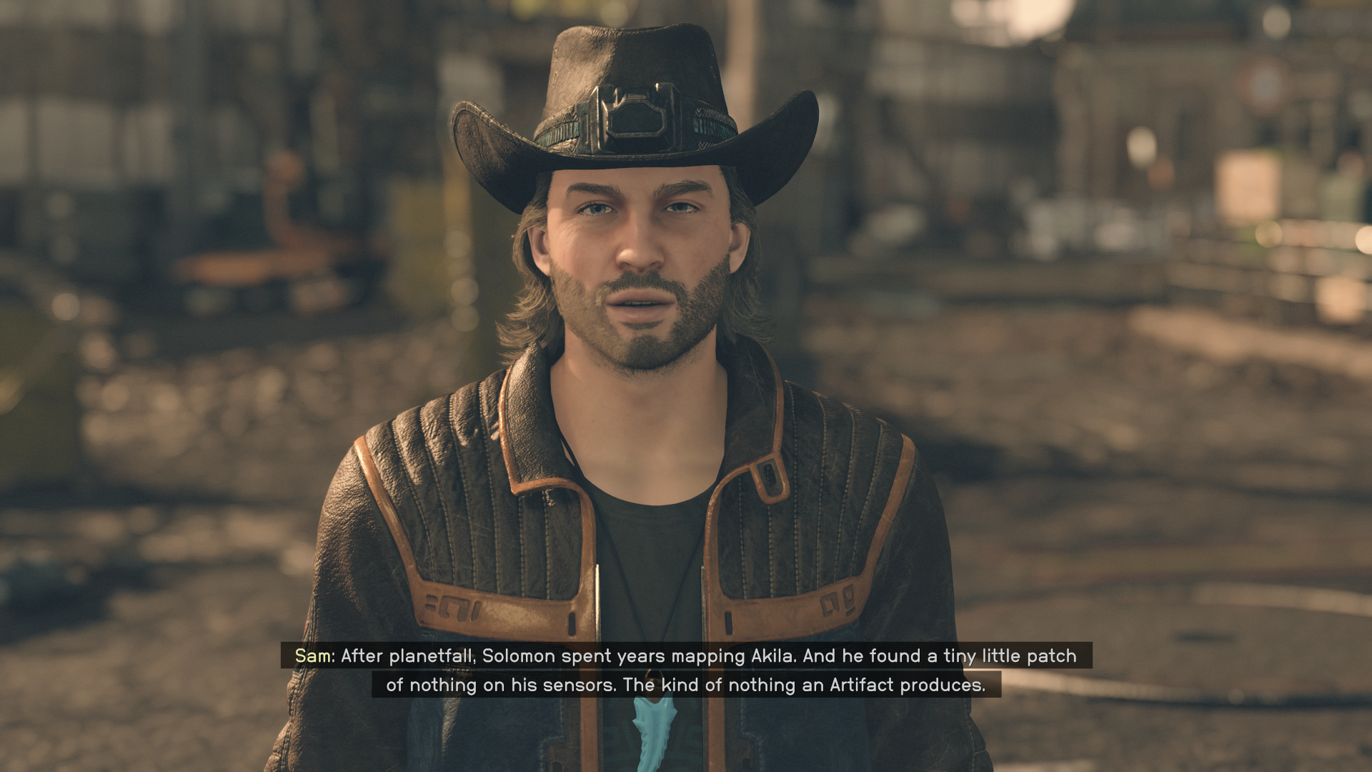 Starfield companions - Close-up shot of a man with a cowboy hat during a conversation