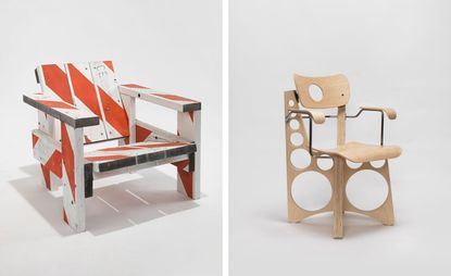 Left, Crate Chair No.13 (2018) by Tom Sachs, made from ConEd barrier and steel hardware. Right, Arm Rest Shop Chair,