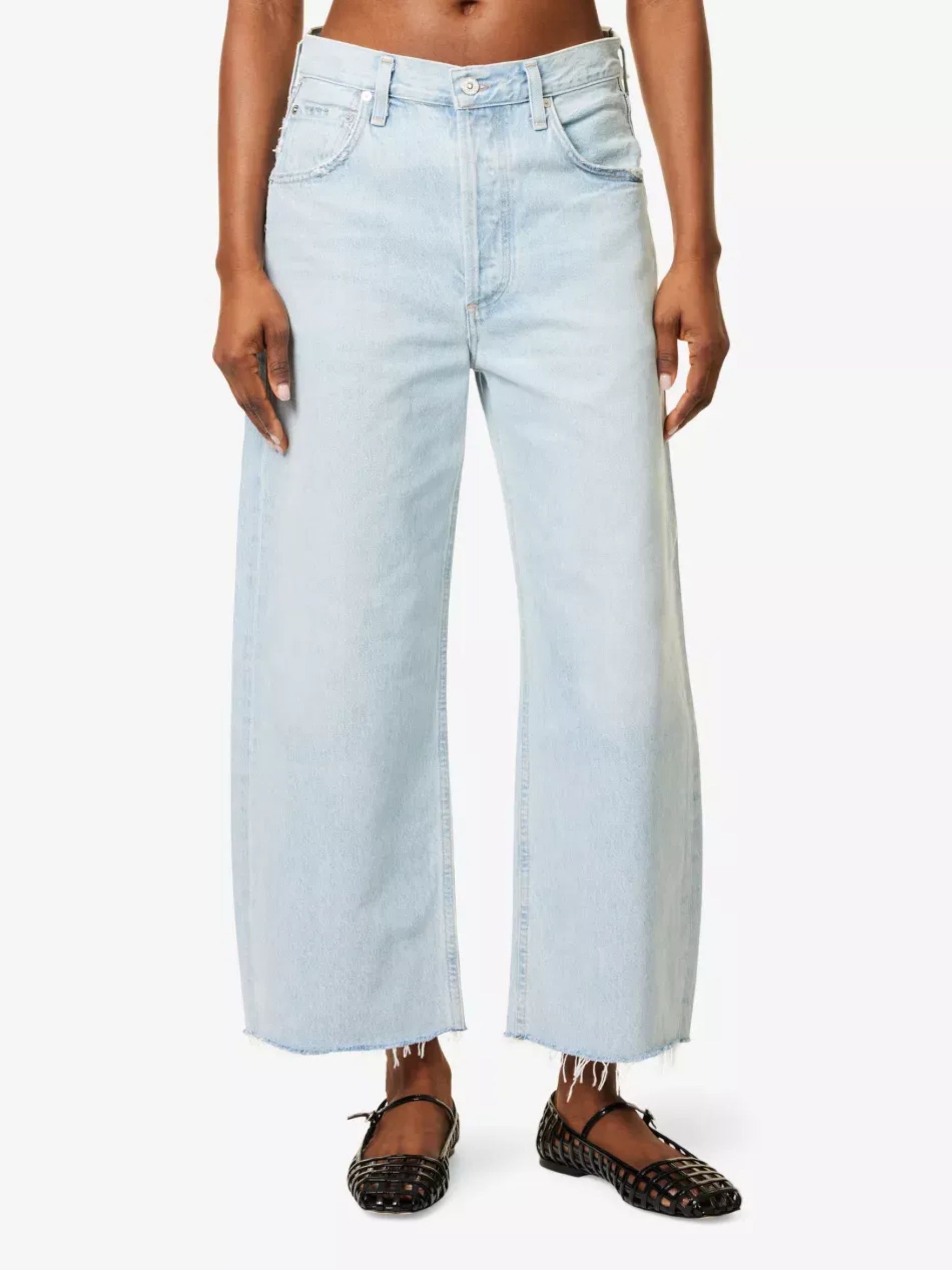Ayla Raw-Hem Cropped Wide-Leg Denim Jeans