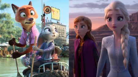 Side-by-side images of Nick and Judy from Zootopia 2, and Anna and Elsa from Frozen 2