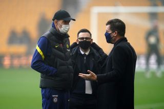 Chelsea manager Thomas Tuchel (left) speaks to Chelsea press officer Steve Atkins before a Premier League match at Wolves