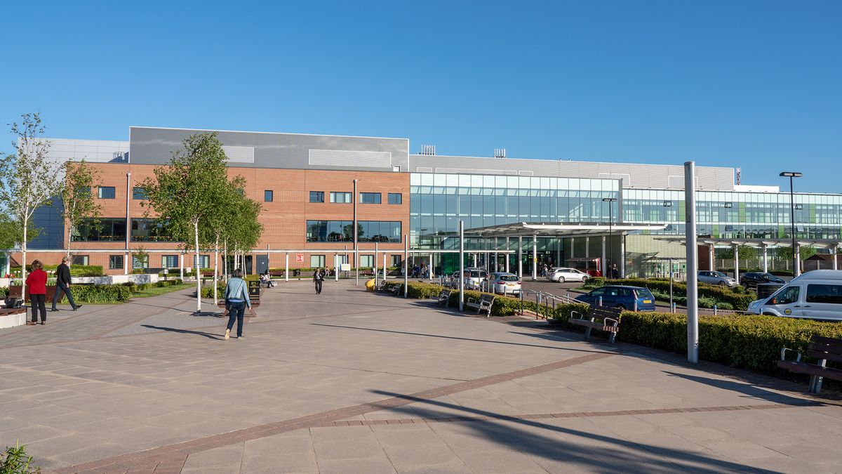 A photo of the front entrance of the Royal Stoke University Hospital, part of the UHNM NHS Trust