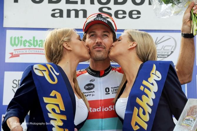 Fabian Cancellara (RadioShack Leopard) on the podium after winning the stage 7 time trial at the Tour of Austria
