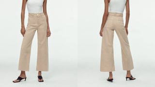 composite of model wearing beige Zara The Marine Straight Jeans