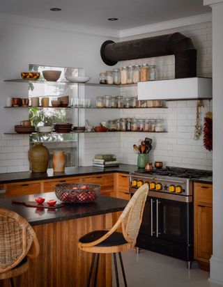 Small kitchen with corner shelving