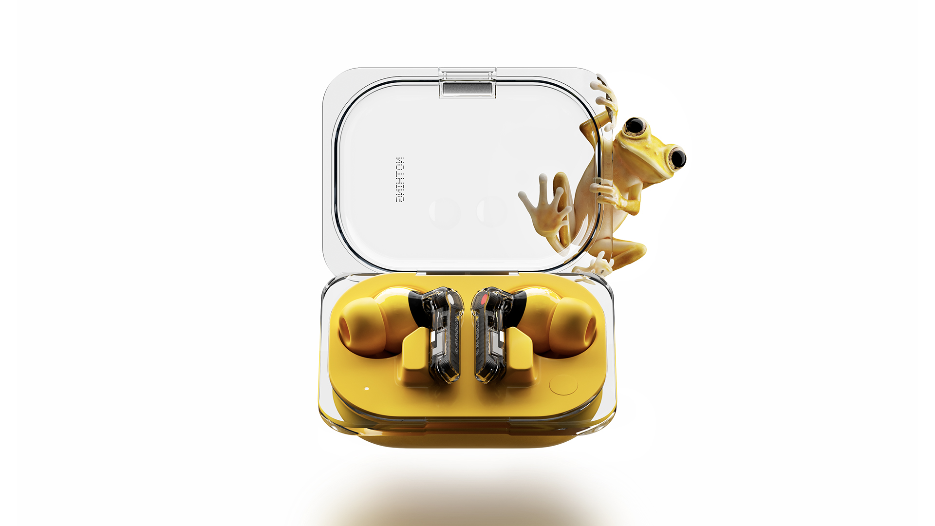 Nothing Ear (a) wireless earbuds in yellow case with frog on it
