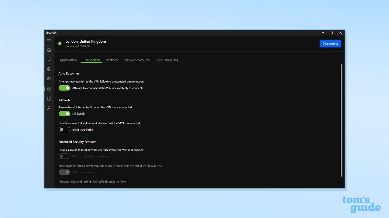 IPVanish's kill switch settings on its Windows app
