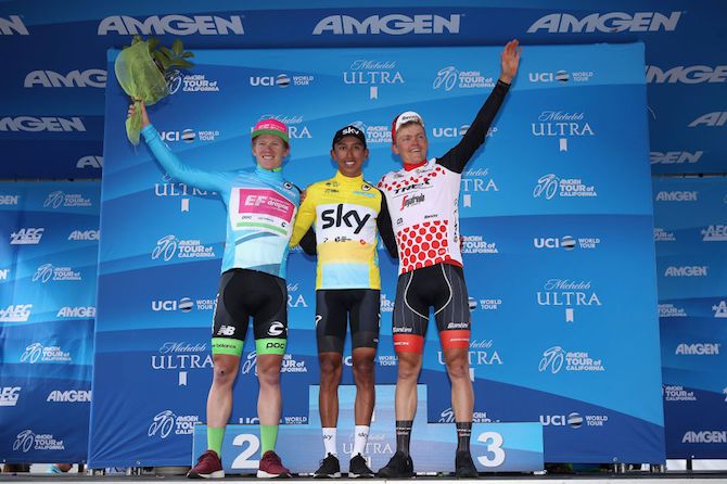 Lawson Craddock (EF-Drapac) in the blue jersey as 'most courageous rider', race leader Egan Bernal (Team Sky) and 'king of the mountains' jersey winner Toms Skujins (Trek-Segafredo) after stage 6 of the 2018 Tour of California