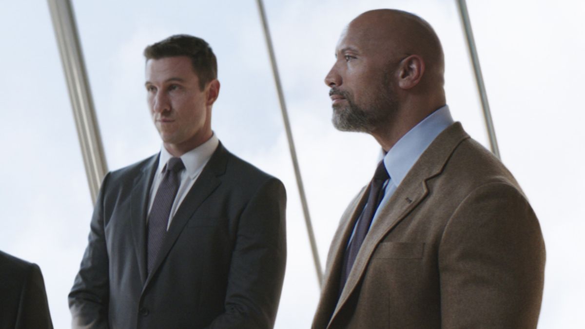 Pablo Schreiber and Dwayne Johnson in Skyscraper