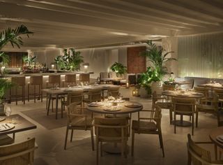 restaurant with dim lighting and neutral tones