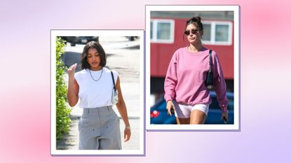 Airport outfits: Lori Harvey and Hailey Bieber in a two-picture, pink and blue template. Lori wears a white top and grey cargos while Hailey wears pink bicycle shorts and a pink sweatshirt