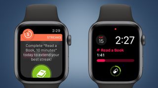 Two Apple Watches on a blue background showing the Streaks app