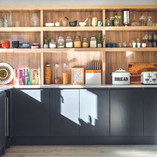 Kitchen with grey cabinet and wooden shelves