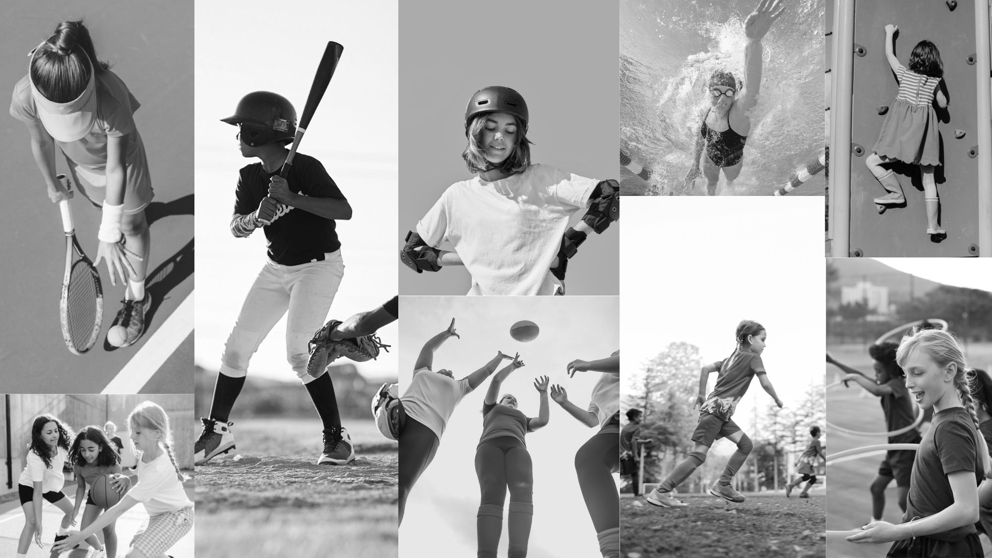 Young girls playing a variety of different sports: football, rollerblading, basketball, rock climbing and swimming