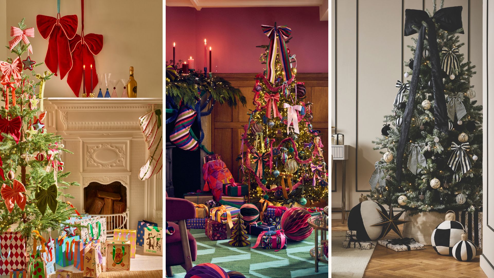 Compilation image showing three different Christmas trees decorated in bows