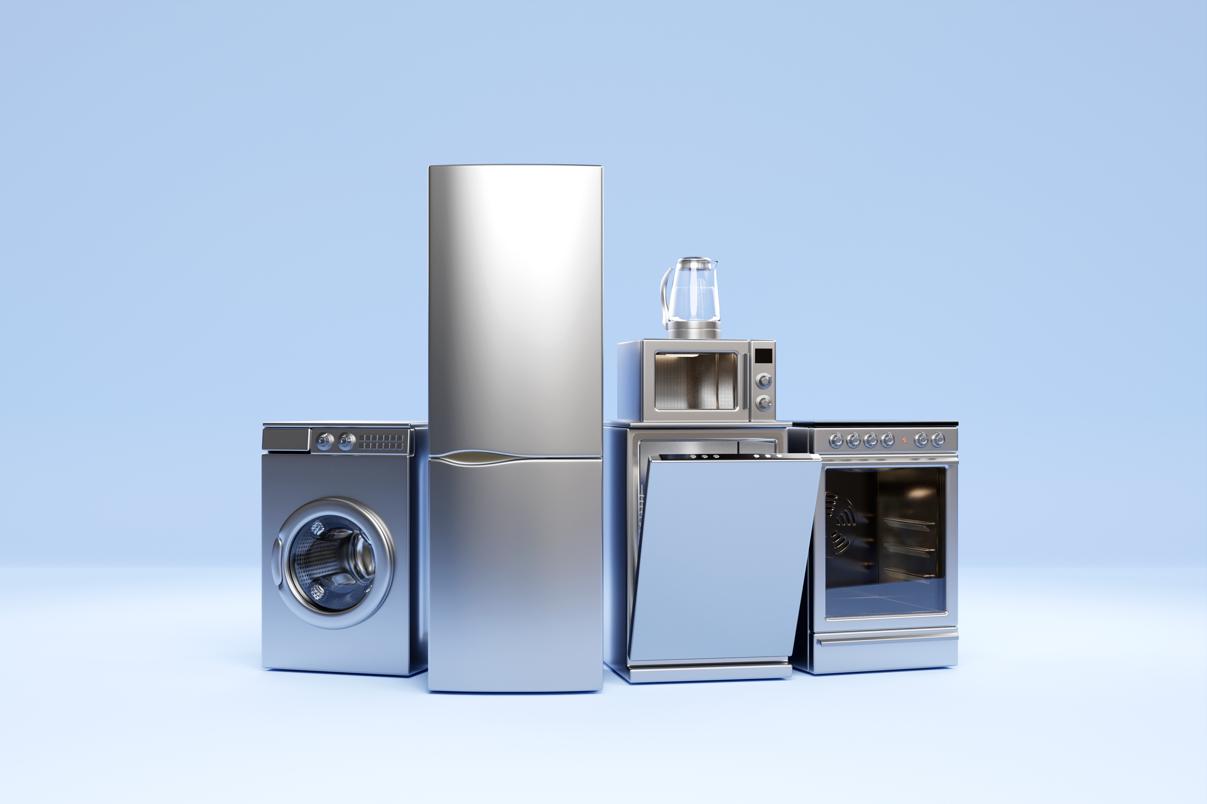 Realistic mockup of a washing machine, dishwasher, stove and refrigerator on a blue background