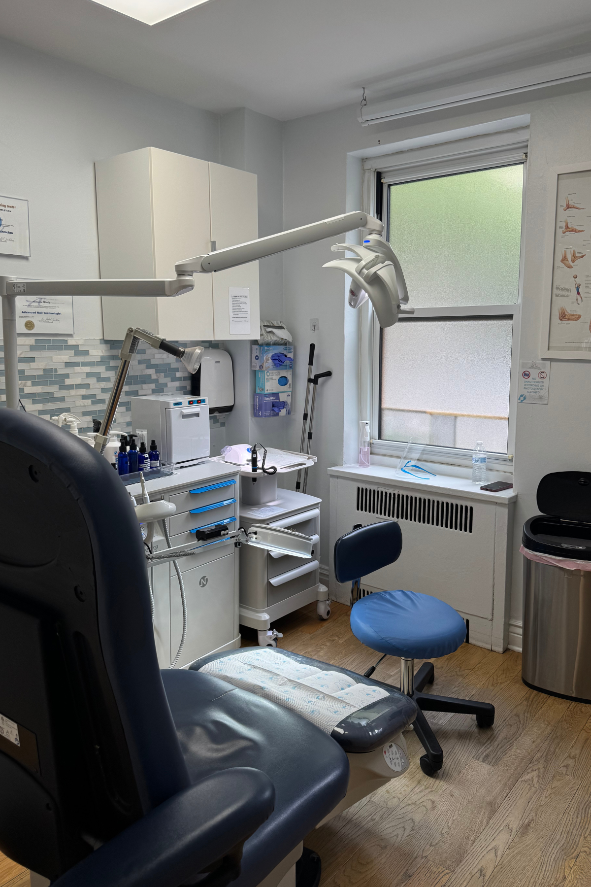 A treatment room at the Medi Pedi clinic in Manhattan, featuring medical devices needed for a medi-pedi