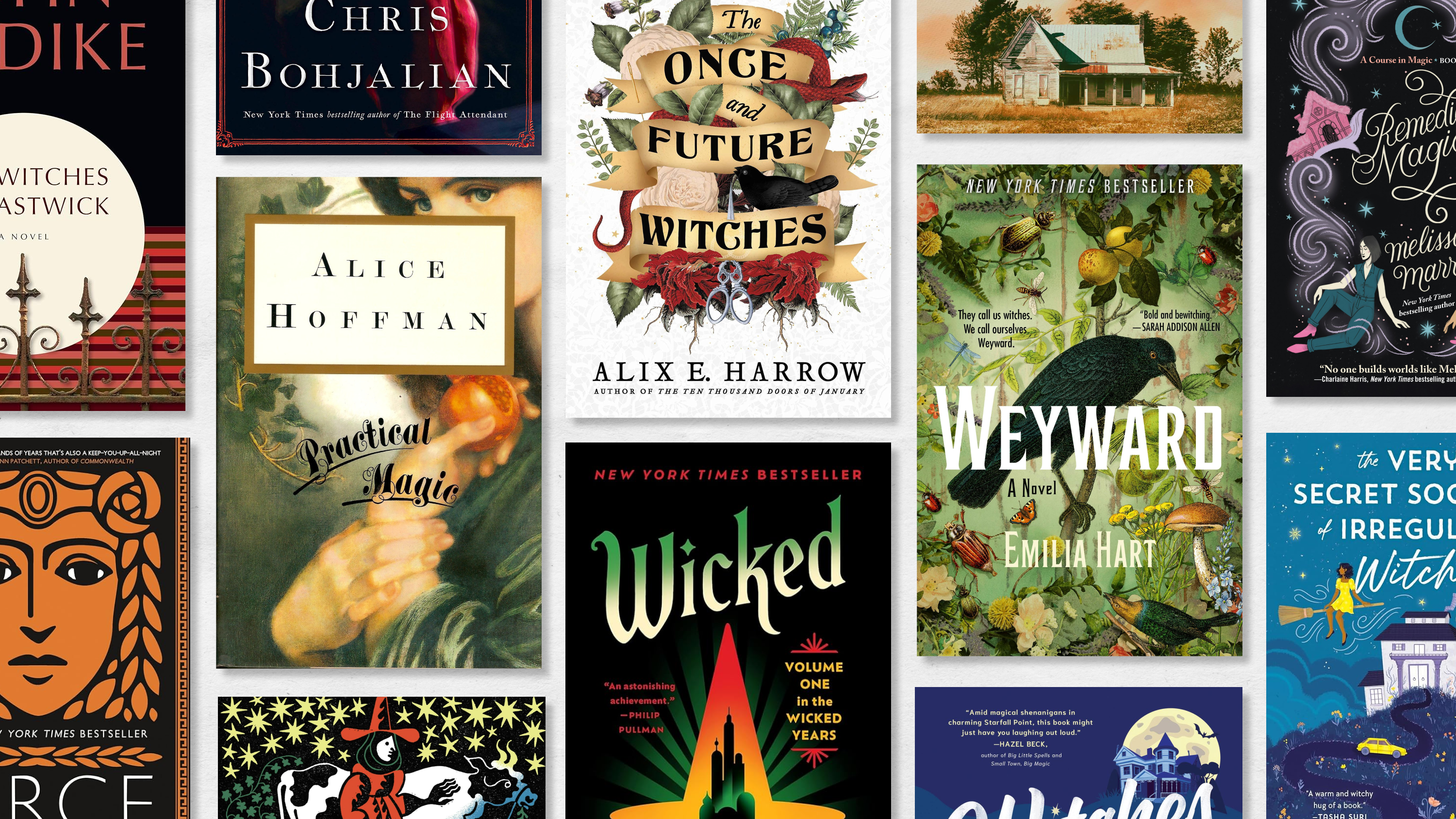 a collage of book covers of books about witches including wicked practical magic and more