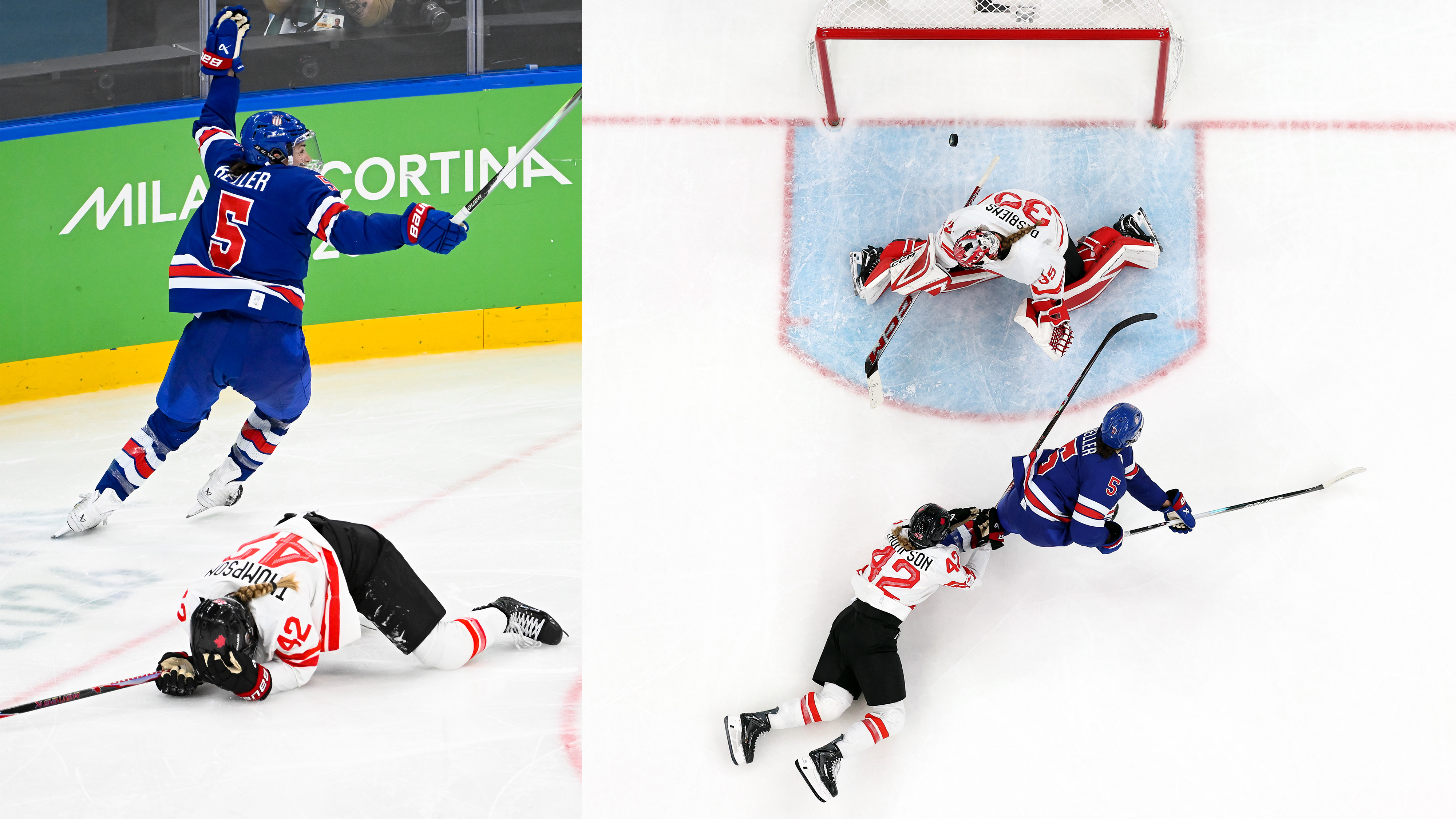 MILAN, ITALY - FEBRUARY 19: (EDITOR'S NOTE: Image was captured using a remote camera positioned above the field of play.) Megan Keller #5 of Team United States scores the game winning goal in overtime against Claire Thompson #42 and Ann-Renee Desbiens #35 of Team Canada to win the gold medal during the Women's Gold Medal match between the United States and Canada on day 13 of the Milano Cortina 2026 Winter Olympic games at Milano Santagiulia Ice Hockey Arena on February 19, 2026 in Milan, Italy. 
