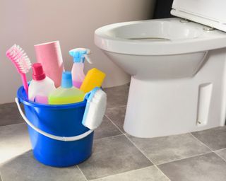Toilet with bucket of cleaning supplies beside it