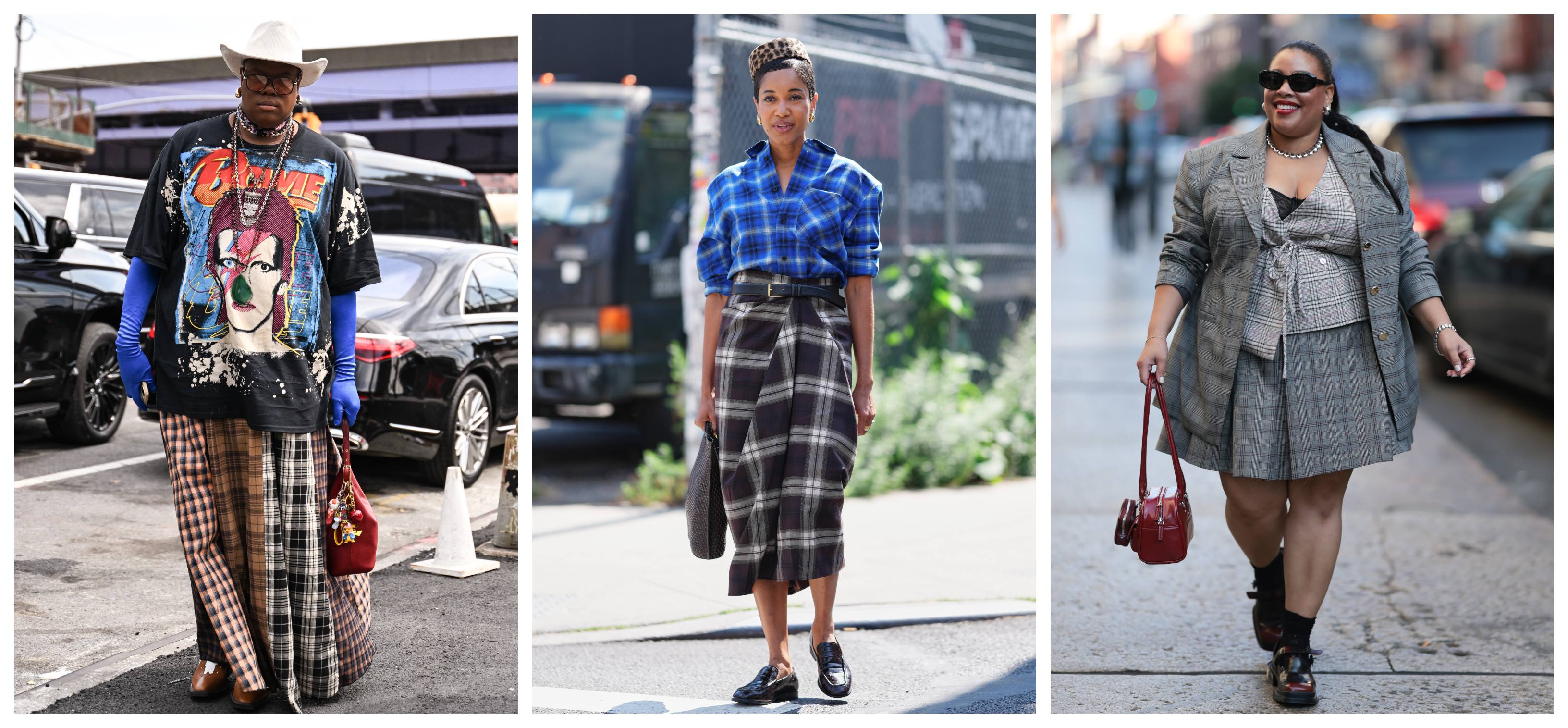 three women at New York Fashion Week wearing mixed plaid outfits