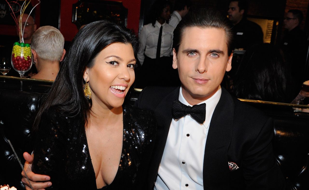 Television personalities Kourtney Kardashian (L) and Scott Disick celebrate New Year&#039;s Eve at the Sugar Factory American Brasserie 