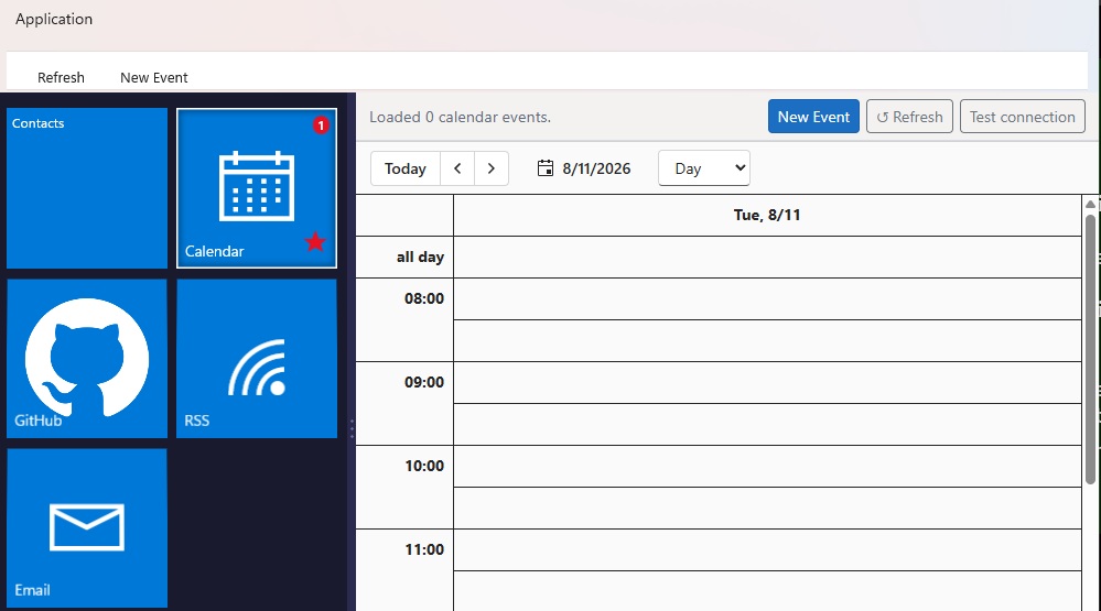 Screenshot of the DayFrame user interface showing a blue Metro-style navigation sidebar on the left with options for Contacts, Calendar, GitHub, RSS, and Email, alongside a daily calendar schedule view on the right.