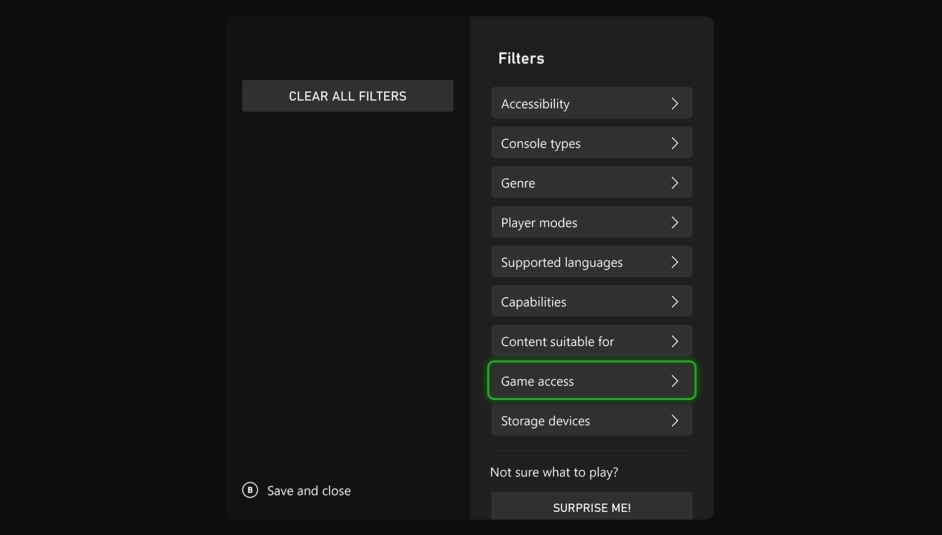 Xbox Insider game library filter menu showing accessibility, genres, languages, and game access options