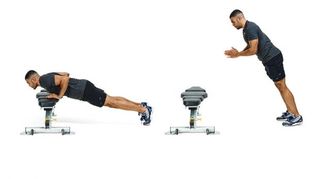 Man demonstrates two positions of the incline press-up