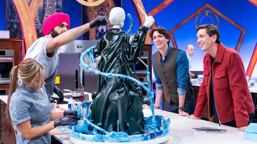 Hosts James and Oliver Phelps watching competitors Katie Bonzer and Jujhar Mann work on a Voldemort cake Harry Potter: Wizards of Baking season 2